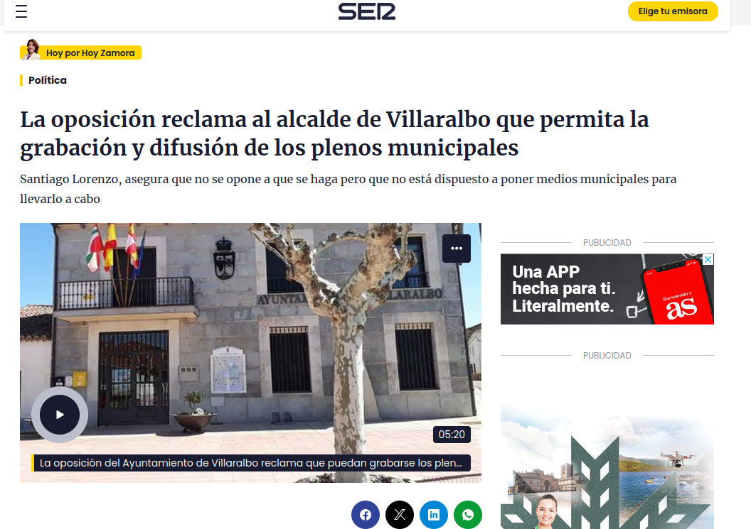 La Cadena Ser se hace eco de la situación del Ayuntamiento de Villaralbo con respecto a los plenos